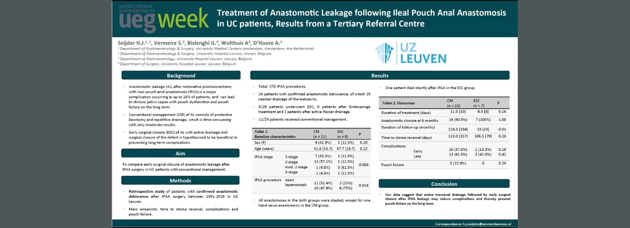 TREATMENT OF ANASTOMOTIC LEAKAGE FOLLOWING ILEAL POUCH ANAL ANASTOMOSIS IN UC PATIENTS, RESULTS FROM A TERTIARY REFERRAL CENTRE