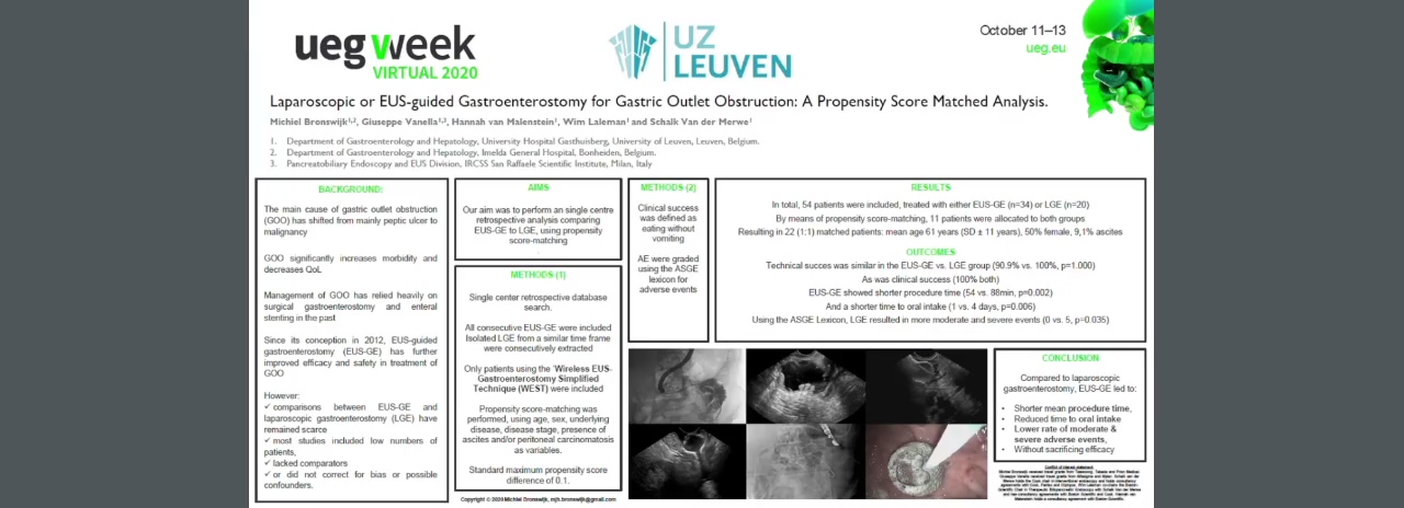 LAPAROSCOPIC OR EUS-GUIDED GASTROENTEROSTOMY FOR GASTRIC OUTLET OBSTRUCTION: A PROPENSITY SCORE MATCHED ANALYSIS