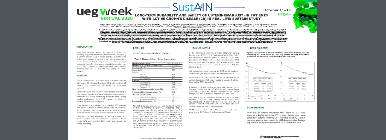 LONG-TERM DURABILITY AND SAFETY OF USTEKINUMAB (UST) IN PATIENTS WITH ACTIVE CROHN'S DISEASE (CD) IN REAL LIFE: SUSTAIN STUDY