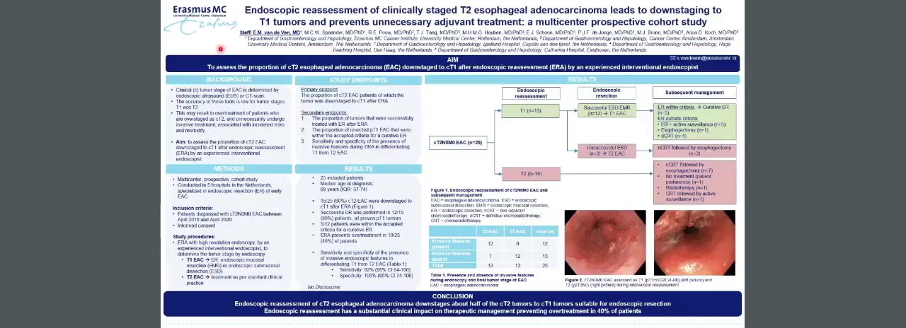 ENDOSCOPIC REASSESSMENT OF CT2N0M0 ESOPHAGEAL ADENOCARCINOMA LEADS TO DOWNSTAGING TO T1 TUMORS AND PREVENTS UNNECESSARY ADJUVANT TREATMENT: A MULTICENTER PROSPECTIVE COHORT STUDY