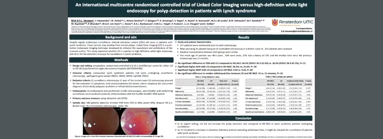 AN INTERNATIONAL MULTICENTRE RANDOMISED CONTROLLED TRIAL OF LINKED COLOR IMAGING VERSUS HIGH-DEFINITION WHITE LIGHT ENDOSCOPY FOR POLYP DETECTION IN PATIENTS WITH LYNCH SYNDROME (LCI LYNCH)