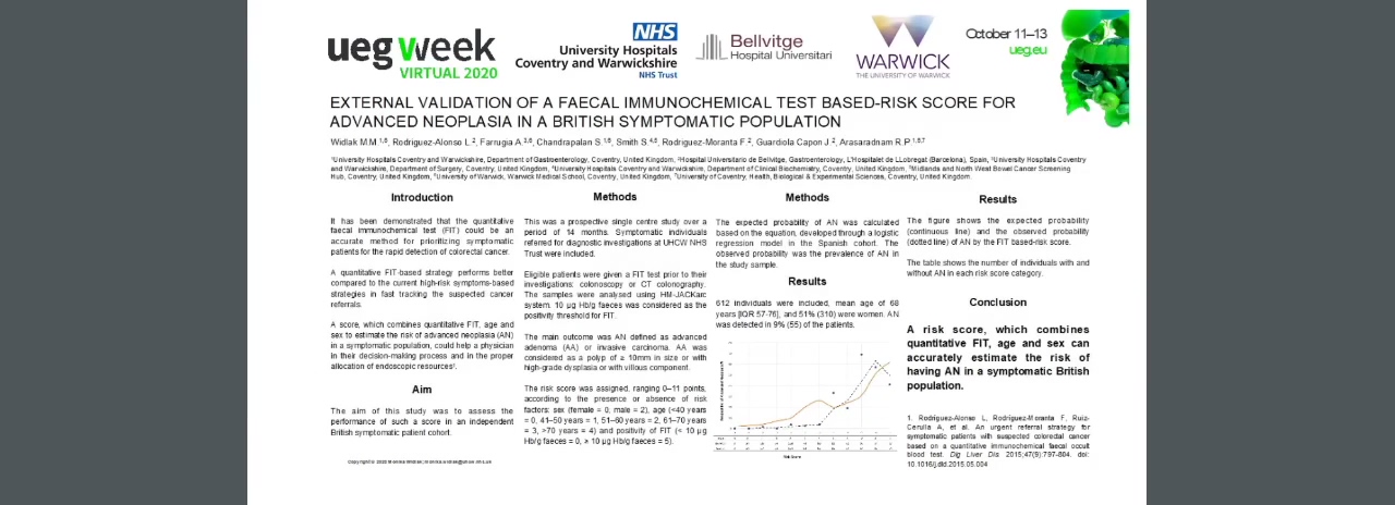 EXTERNAL VALIDATION OF A FAECAL IMMUNOCHEMICAL TEST BASED-RISK SCORE FOR ADVANCED NEOPLASIA IN A BRITISH SYMPTOMATIC POPULATION