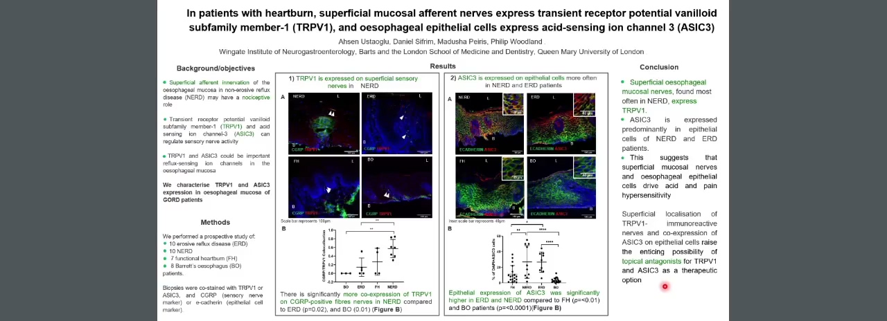 IN PATIENTS WITH HEARTBURN, SUPERFICIAL MUCOSAL AFFERENT NERVES EXPRESS TRANSIENT RECEPTOR POTENTIAL VANILLOID SUBFAMILY MEMBER-1 (TRPV1), AND OESOPHAGEAL EPITHELIAL CELLS EXPRESS ACID-SENSING ION CHANNEL 3 (ASIC3)