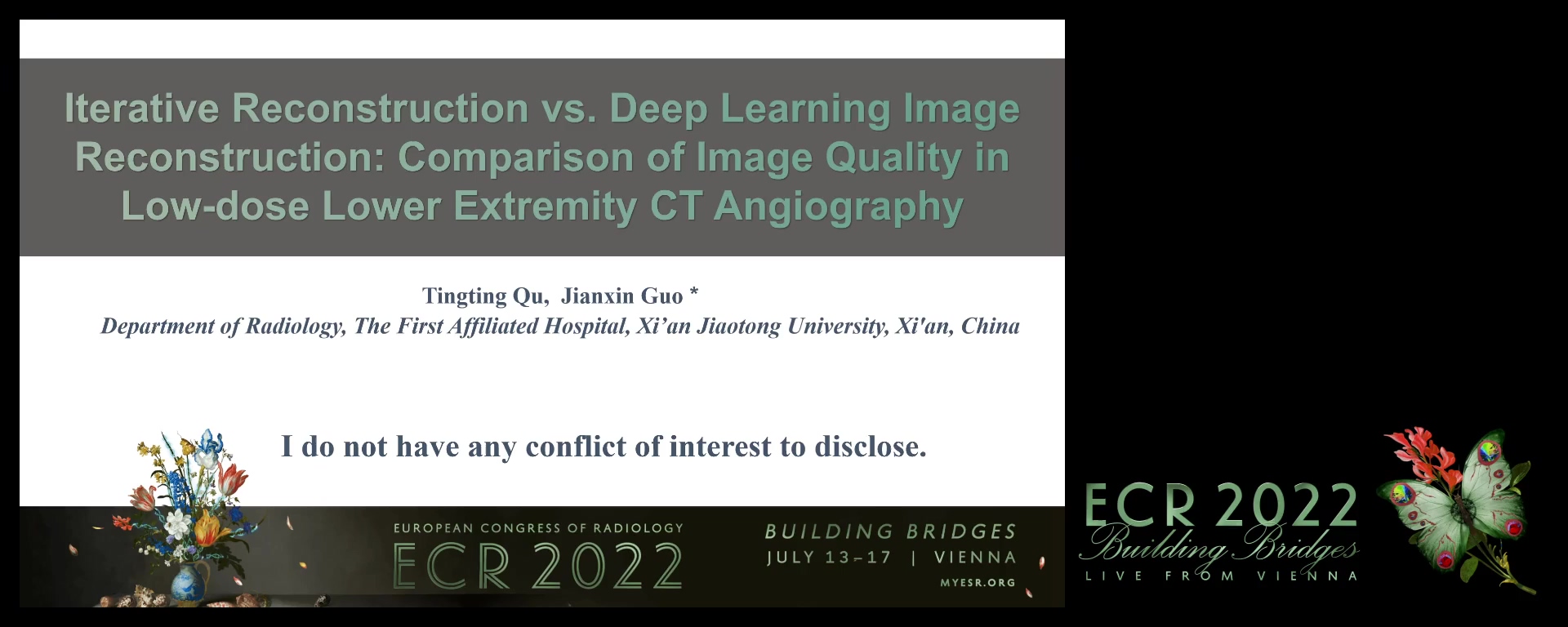 Iterative reconstruction vs. deep learning image reconstruction: comparison of image quality and diagnostic accuracy of arterial stenosis in low-dose lower extremity CT angiography - Ting Qu, Xi'an / CN