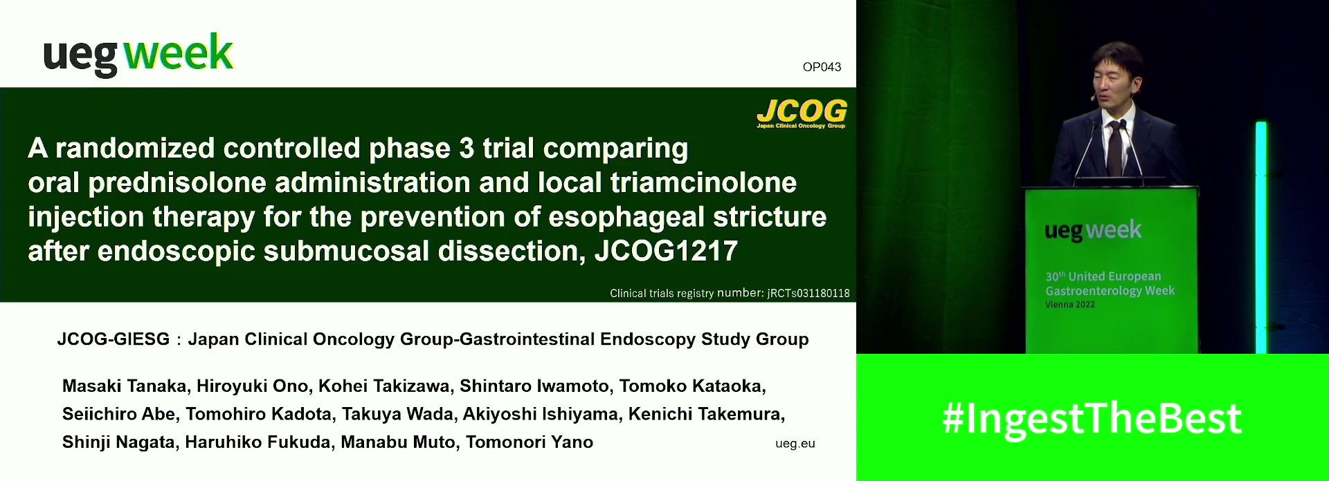 A RANDOMIZED CONTROLLED PHASE 3 TRIAL COMPARING ORAL PREDNISOLONE ADMINISTRATION AND LOCAL TRIAMCINOLONE INJECTION THERAPY FOR THE PREVENTION OF ESOPHAGEAL STRICTURE AFTER ENDOSCOPIC SUBMUCOSAL DISSECTION, JCOG1217