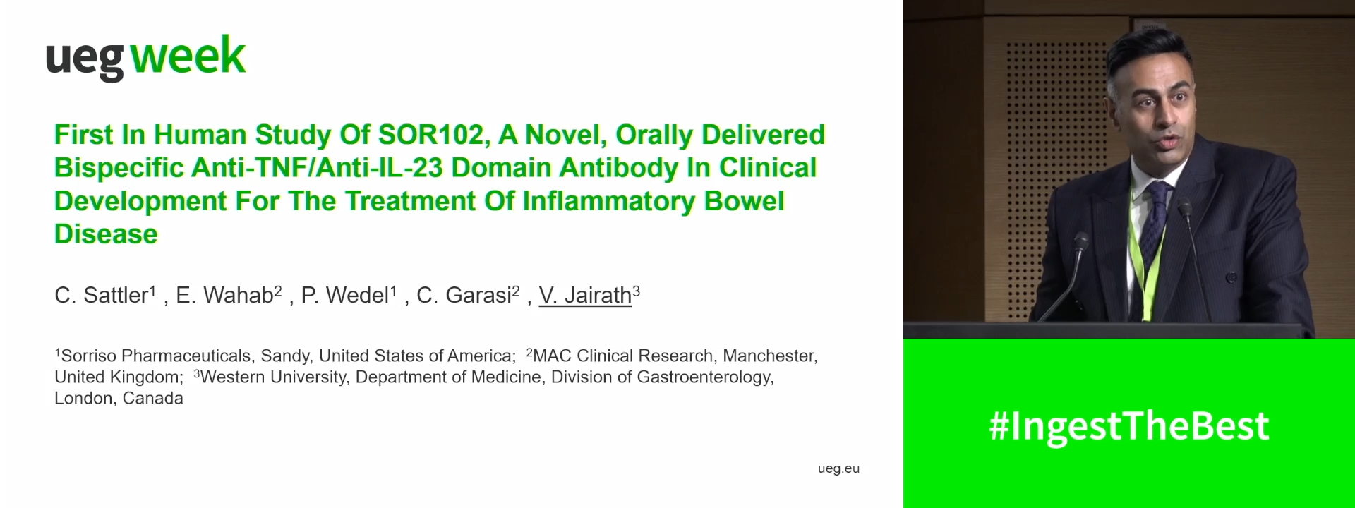 FIRST IN HUMAN STUDY OF SOR102, A NOVEL, ORALLY DELIVERED BISPECIFIC ANTI-TNF/ANTI-IL-23 DOMAIN ANTIBODY IN CLINICAL DEVELOPMENT FOR THE TREATMENT OF INFLAMMATORY BOWEL DISEASE